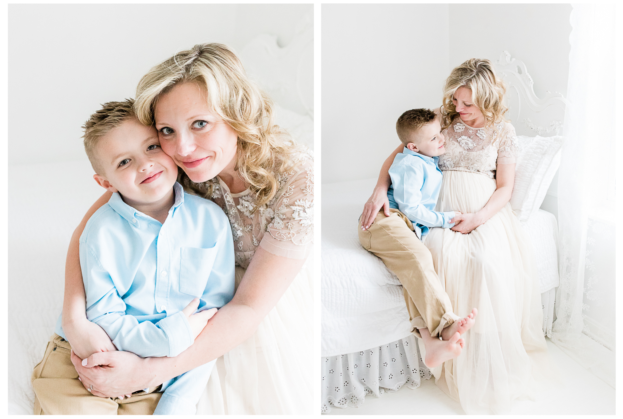An expecting mother embracing her smiling son on a white studio bed