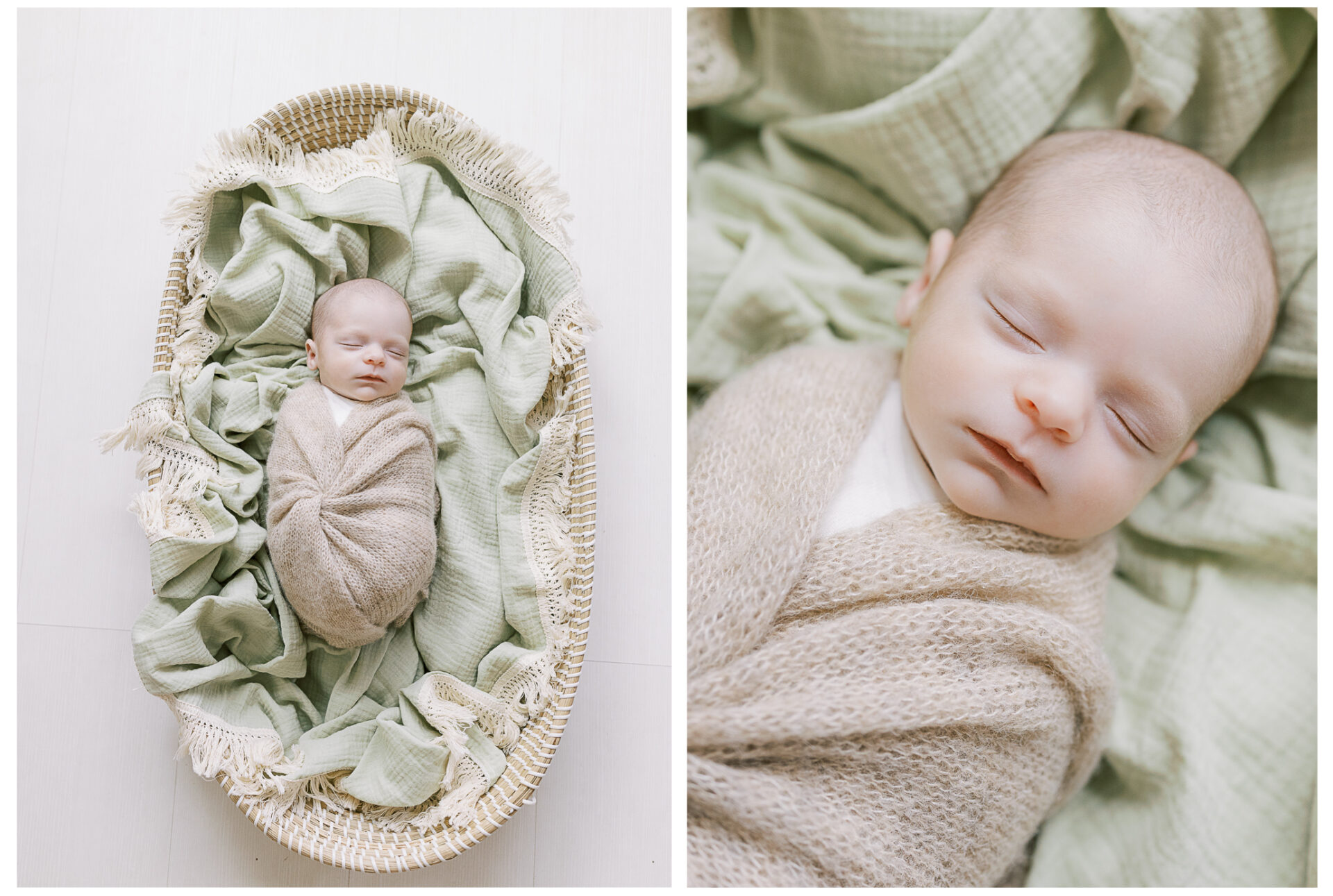 Newborn baby boy swaddled in a cozy basket