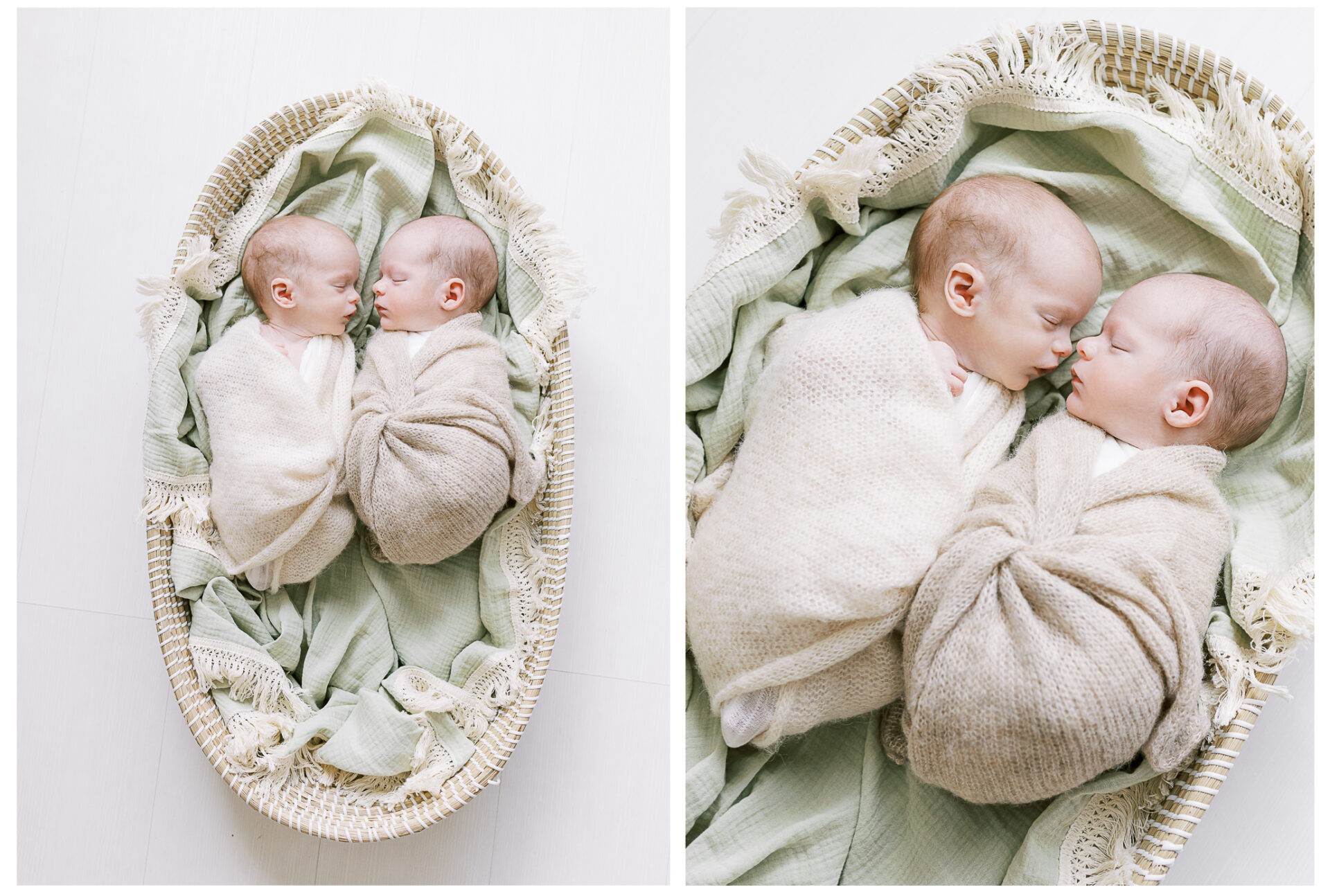 Newborn baby boys swaddled and snuggled together in a cozy basket | Twin newborn sessions are extra sweet because the bond between womb-mates encompasses the most beautiful organic connection, one that starts from the very beginning and lasts a lifetime.