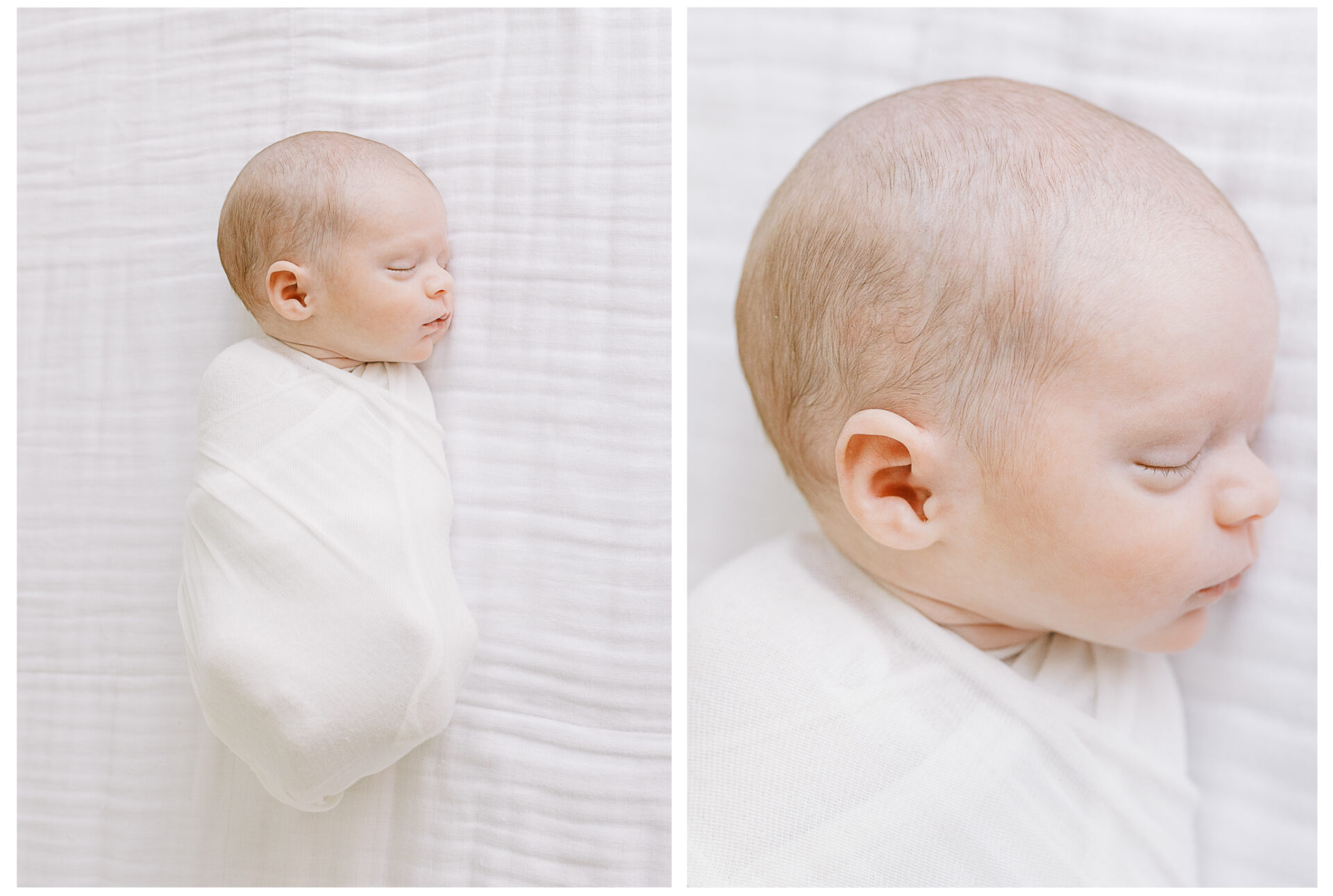 Newborn baby boy swaddled in a white wrap sleeping