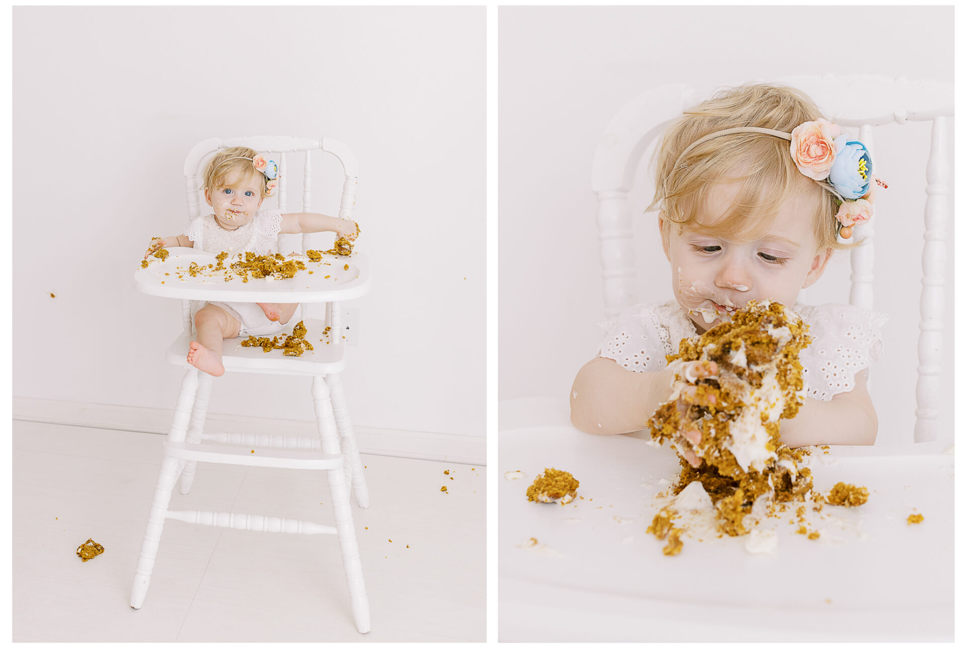 Winter Freire Photography | First birthday photos for baby girl in a photography studio eating her smash cake