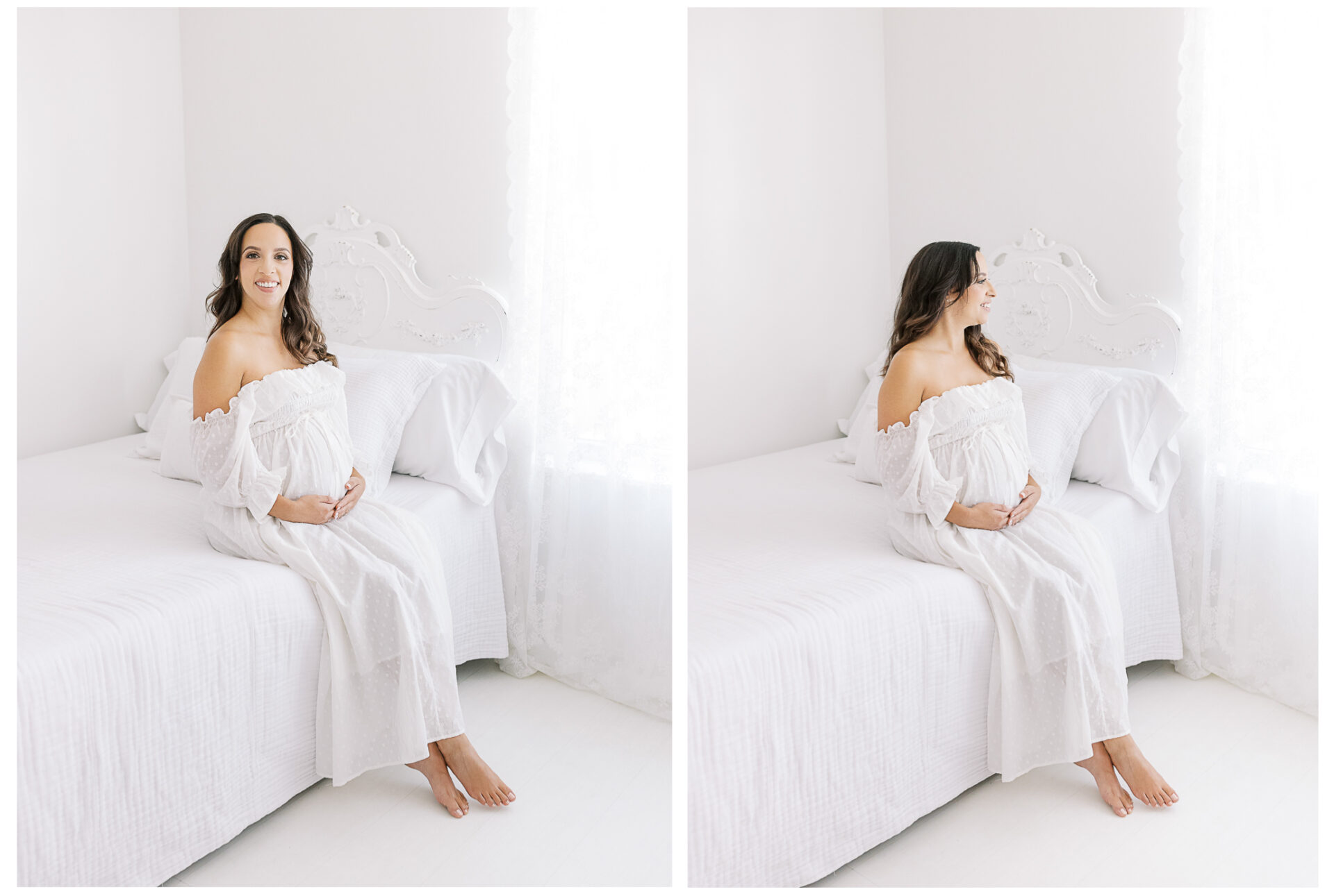 Winter Freire Photography | Natural Light Studio Maternity Session in Dayton, OH | Mama-to-be holding her baby bump in a smocked white dress