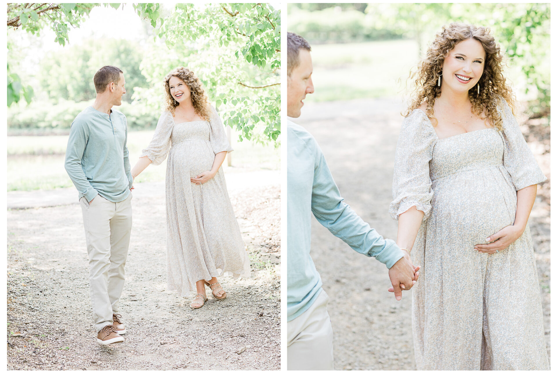 Winter Freire Photography | husband and wife standing on a path holding hands and smiling together during their outdoor maternity session