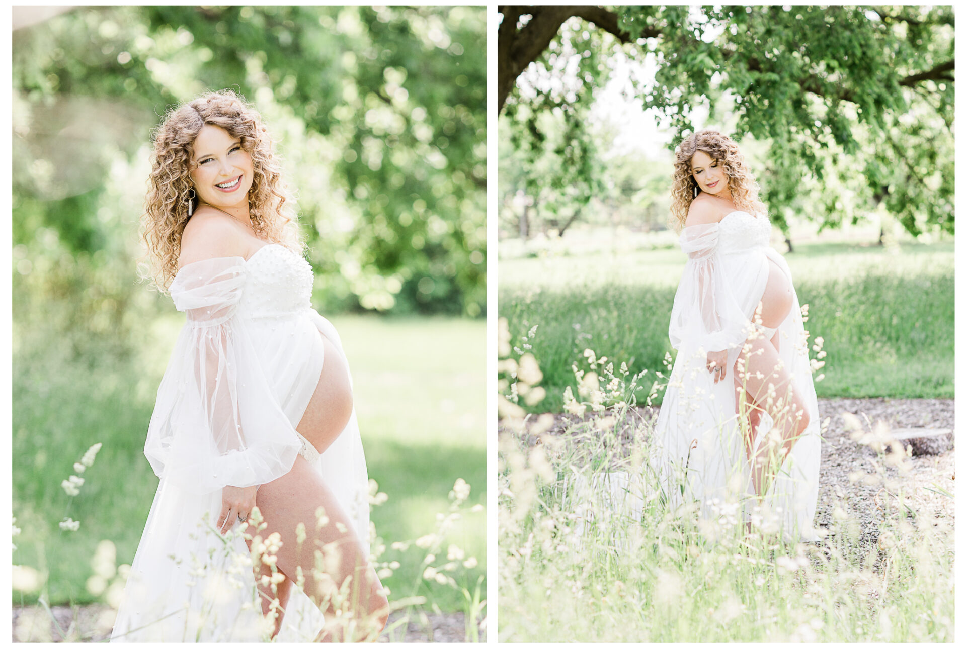 Winter Freire Photography | woman wearing a beautiful white gown during her outdoor summertime maternity session