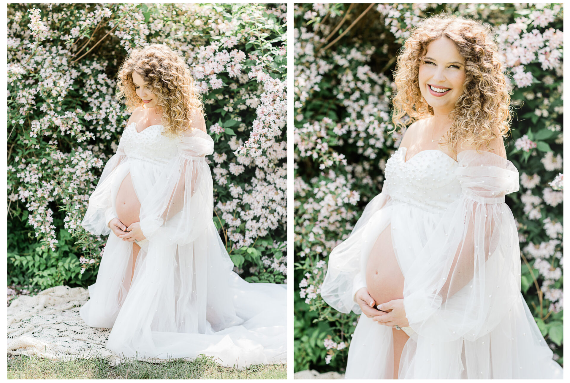 Winter Freire Photography | woman wearing a beautiful white gown during her outdoor summertime maternity session surrounded by blooming flowers