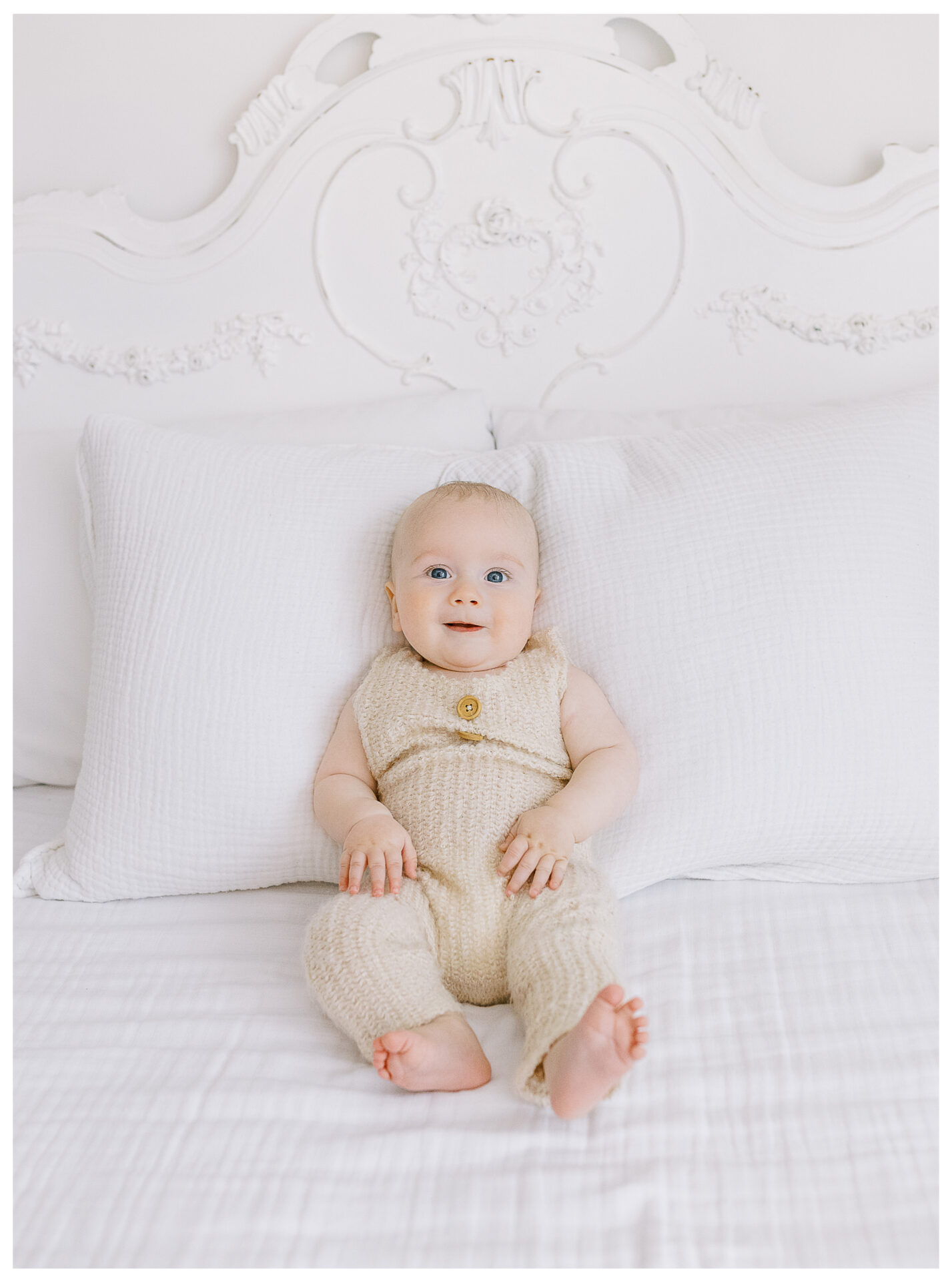 Winter Freire Photography | Dayton, Ohio Baby Milestone Session | Organic Family Studio Photography | 6 Month old baby sitting propped up with pillows