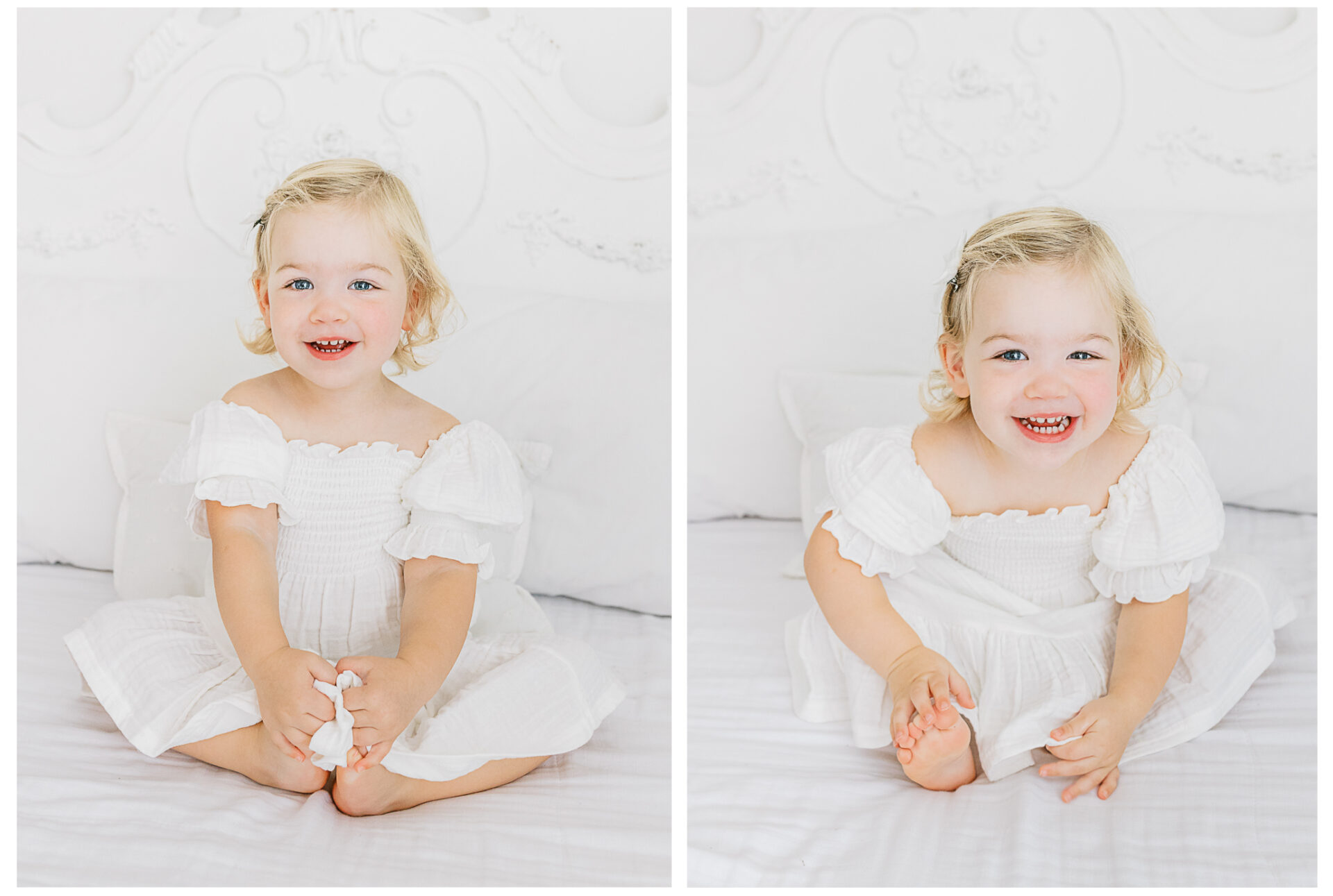 Winter Freire Photography | Dayton, Ohio Newborn Session | Toddler daughter sitting on the bed laughing