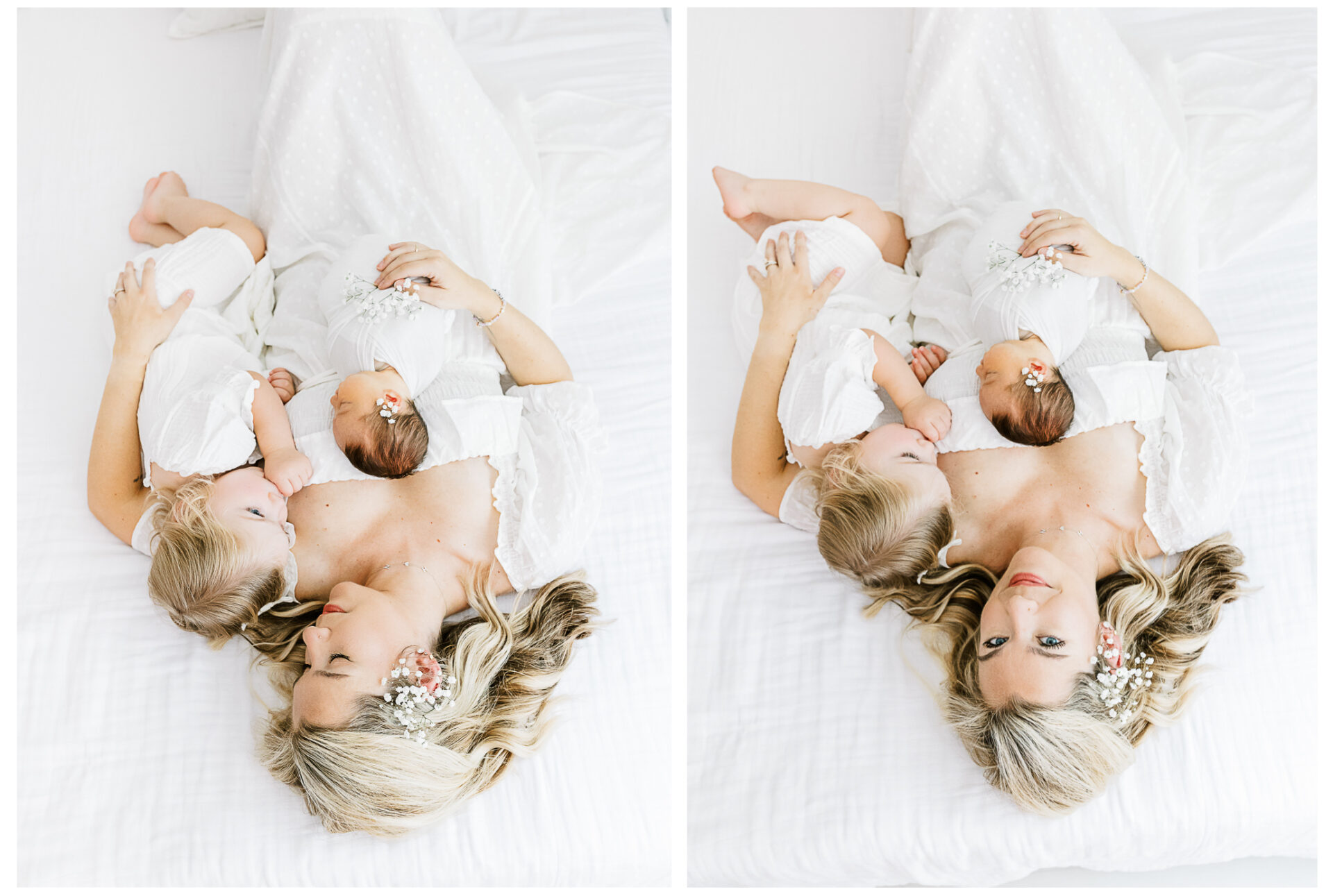Winter Freire Photography | Dayton, Ohio Newborn Session | Mom laying beside her toddler daughter and newborn baby girl