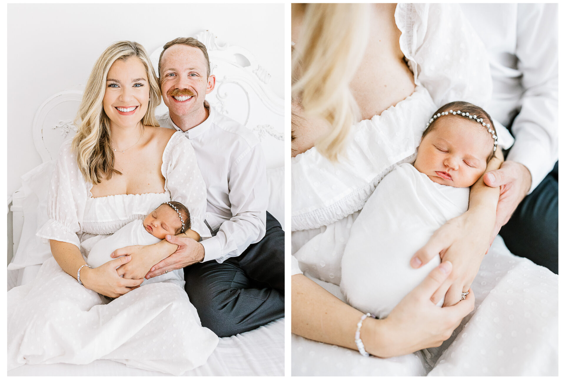 Winter Freire Photography | Dayton, Ohio Newborn Session | Parents holding newborn while sitting on a bed