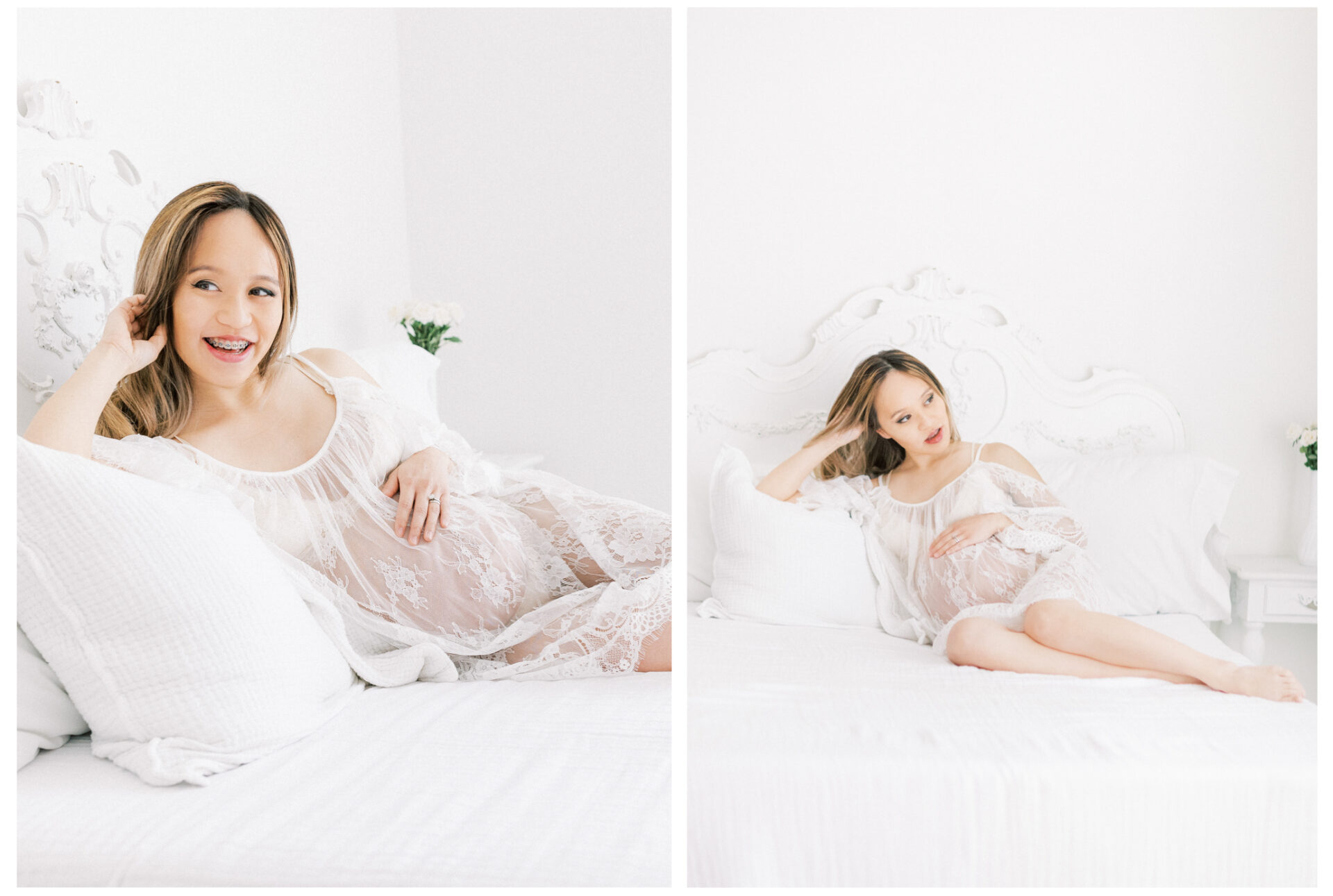 Winter Freire Photography | Fine Art Maternity Boudoir | Expecting mother laying against a vintage headboard wearing a sheer lace dress
