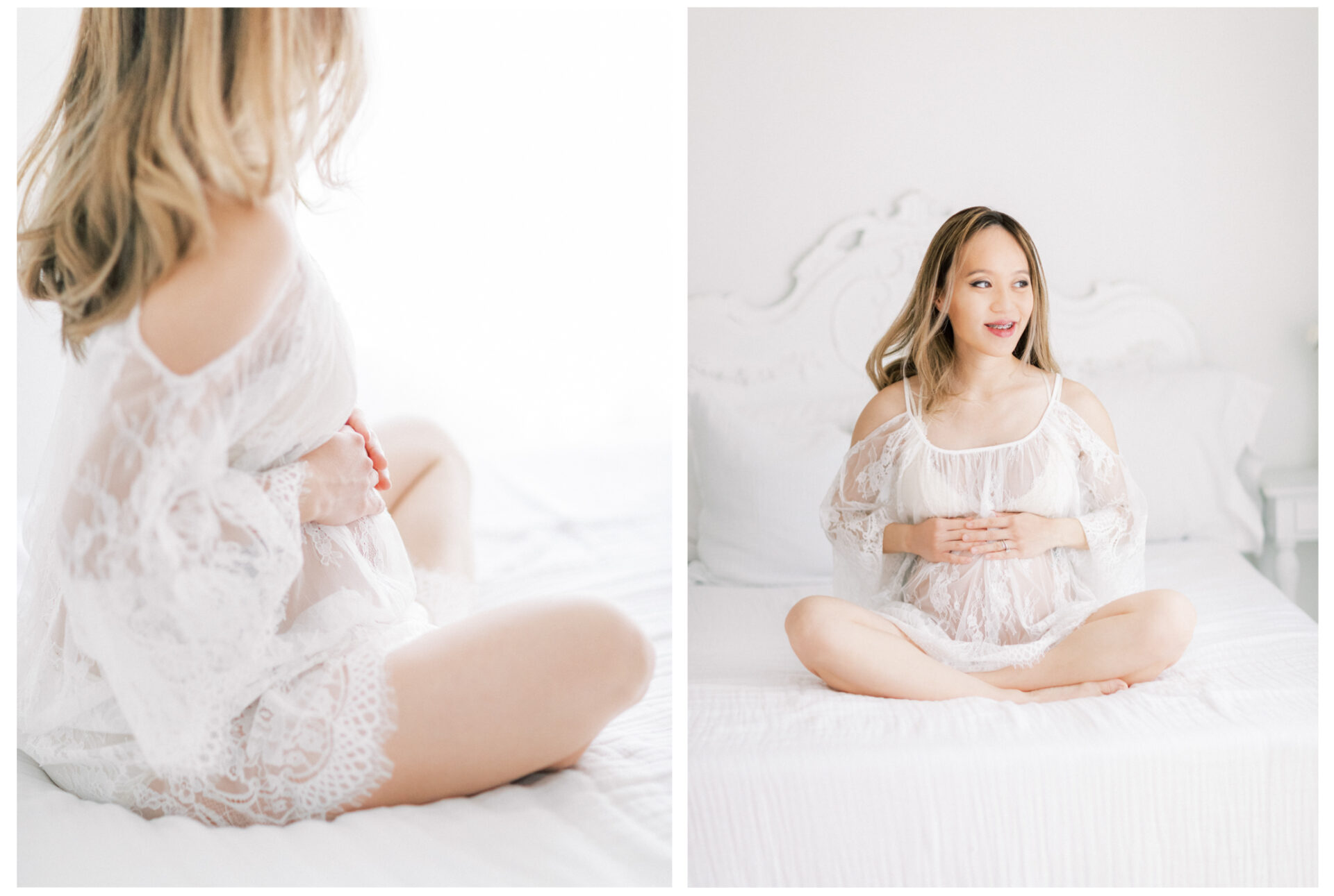 Winter Freire Photography | Fine Art Maternity Boudoir | Expecting mother sitting cross legged wearing a sheer lace dress