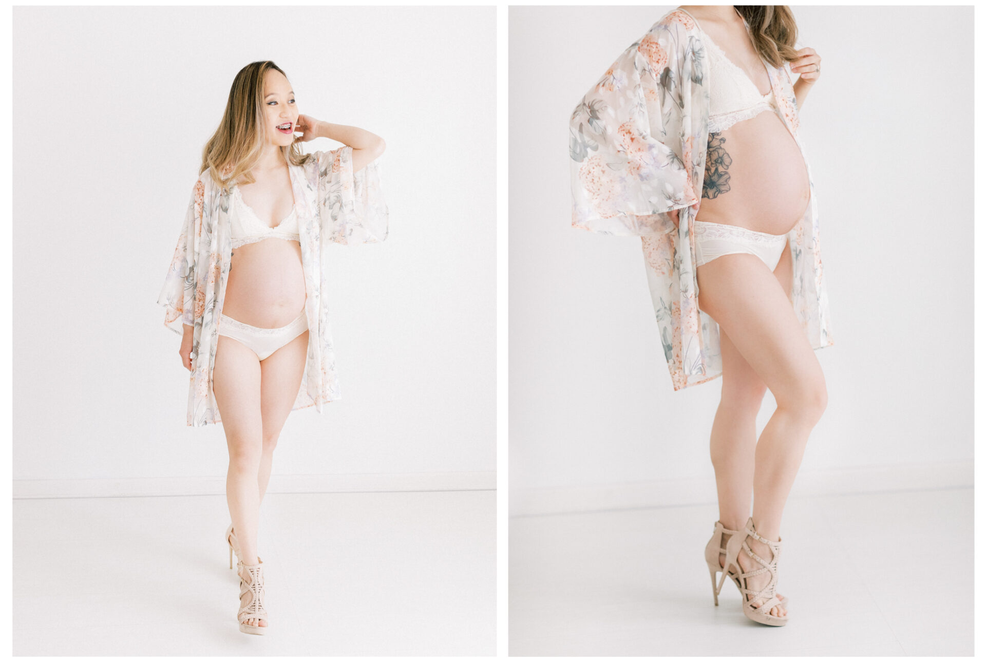 Winter Freire Photography | Fine Art Maternity Boudoir | Expecting mother walking in high heels while wearing a floral robe