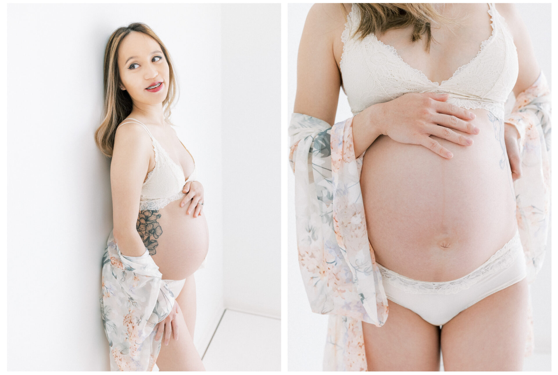 Winter Freire Photography | Fine Art Maternity Boudoir | Expecting mother standing while wearing a floral robe