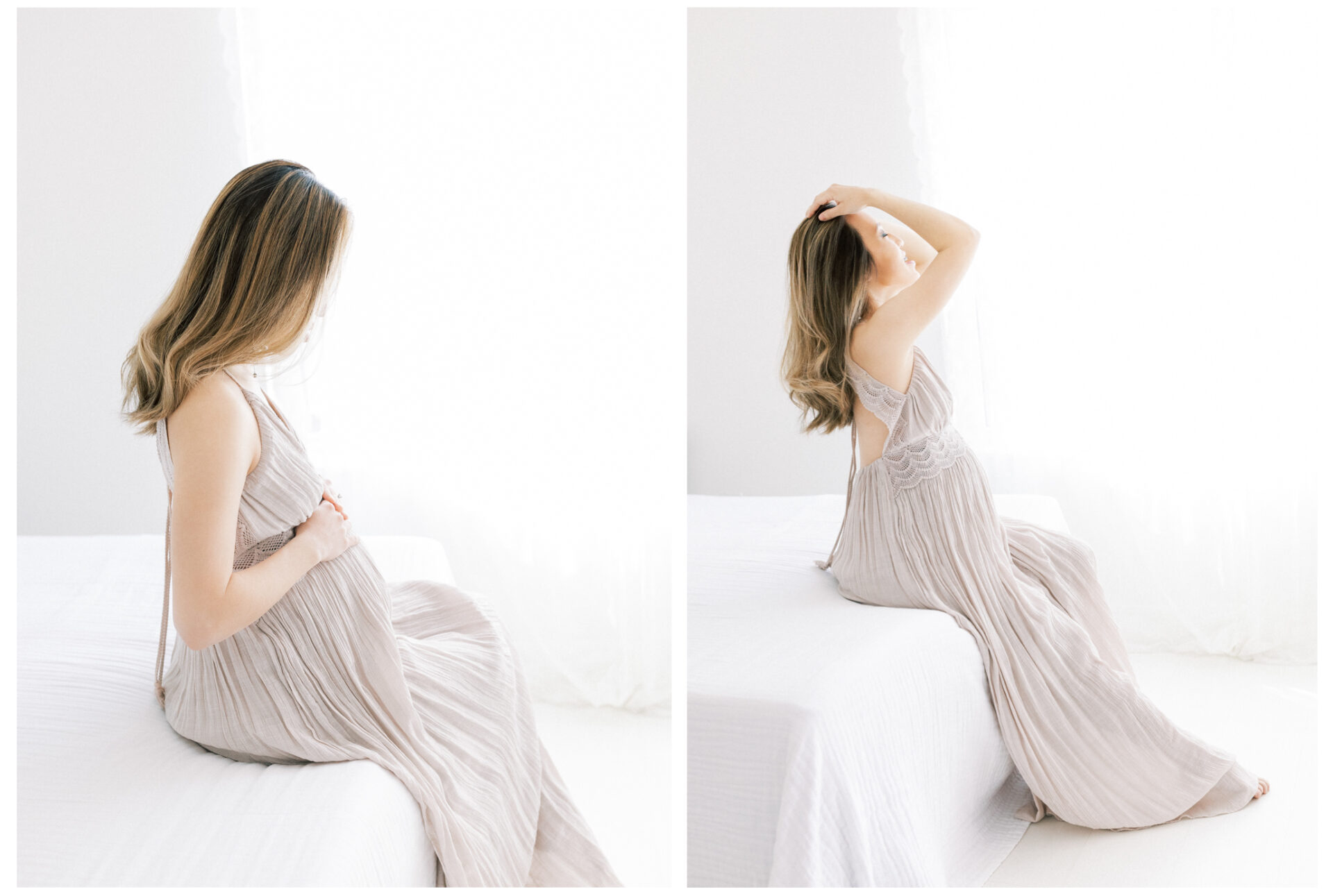 Winter Freire Photography | Fine Art Maternity Boudoir | Expecting mother sitting in a long dress