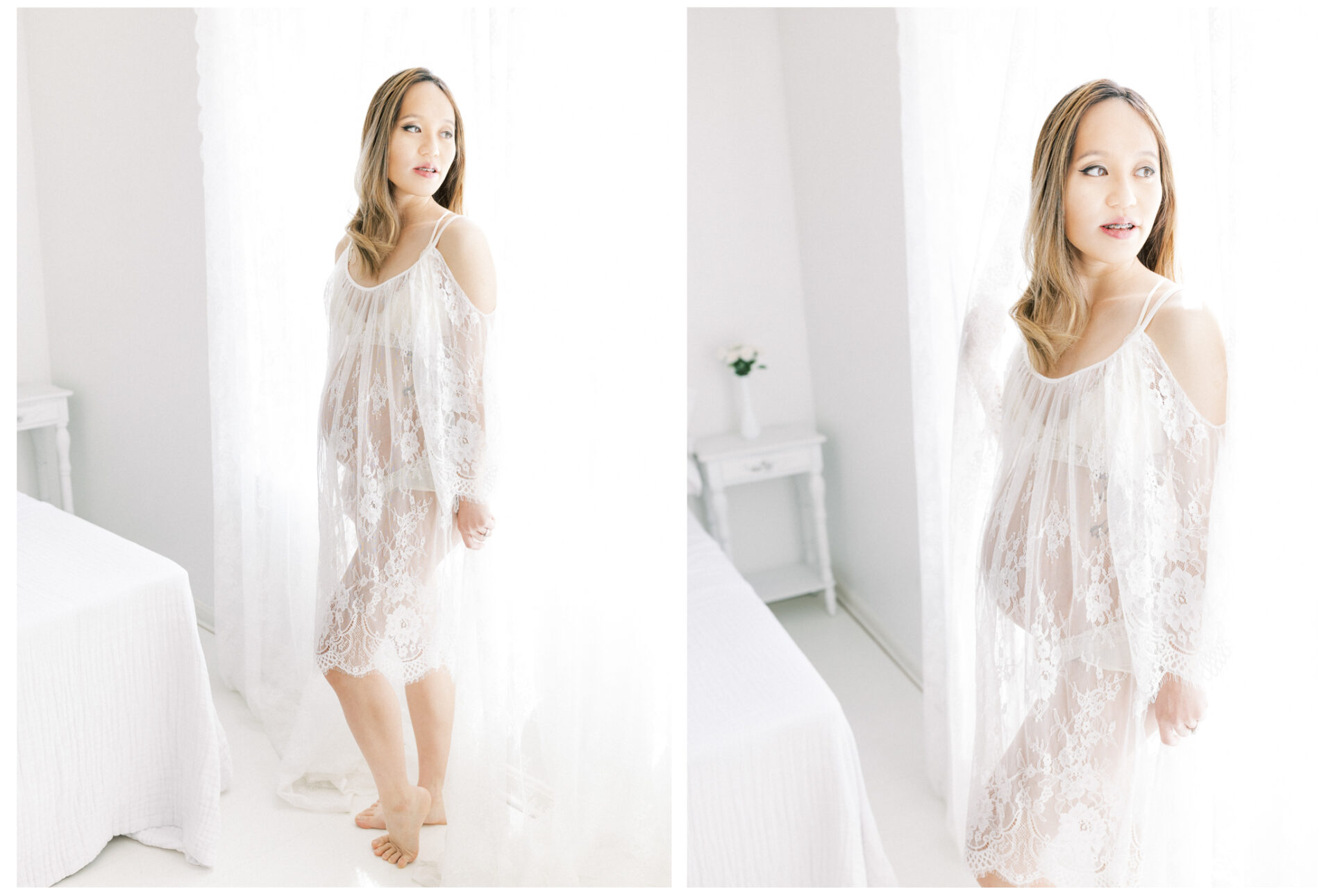 Winter Freire Photography | Fine Art Maternity Boudoir | Expecting mother wearing a sheer lace dress