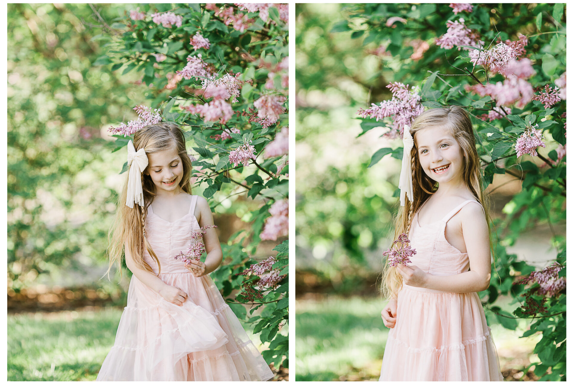 The middle daughter smiling beside blossoming springtime flowers