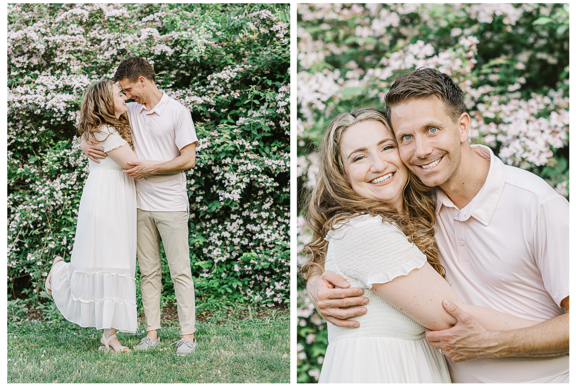 Parents embracing each other affectionately beside a blossoming springtime tree.