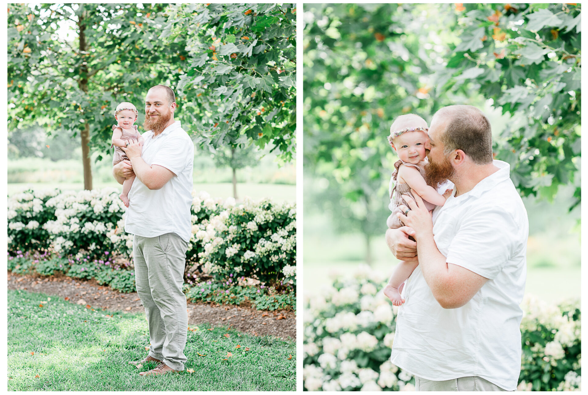 A father smiling with his baby daughter outside.