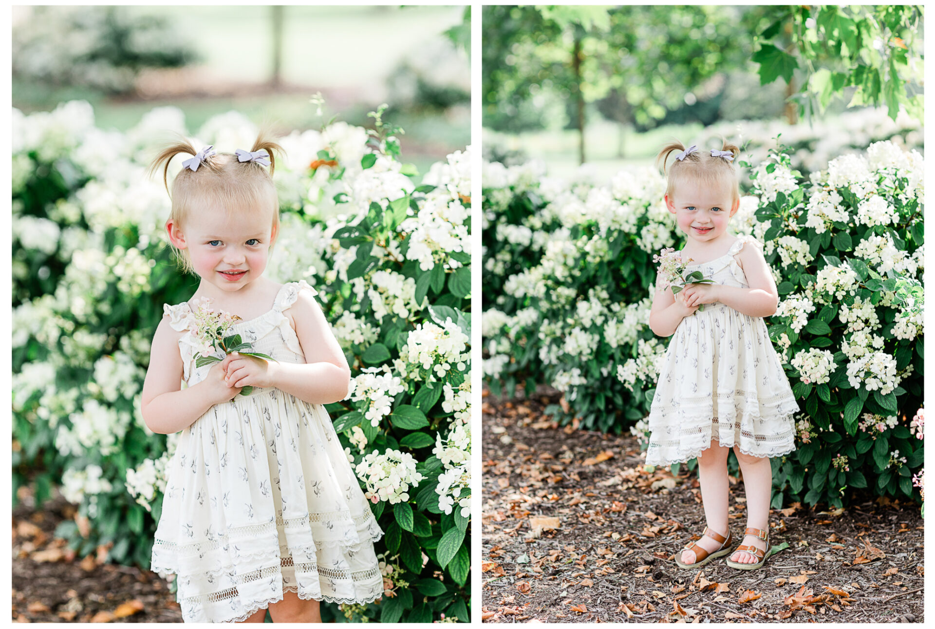 A toddler middle sister smiling as she holds flowers.