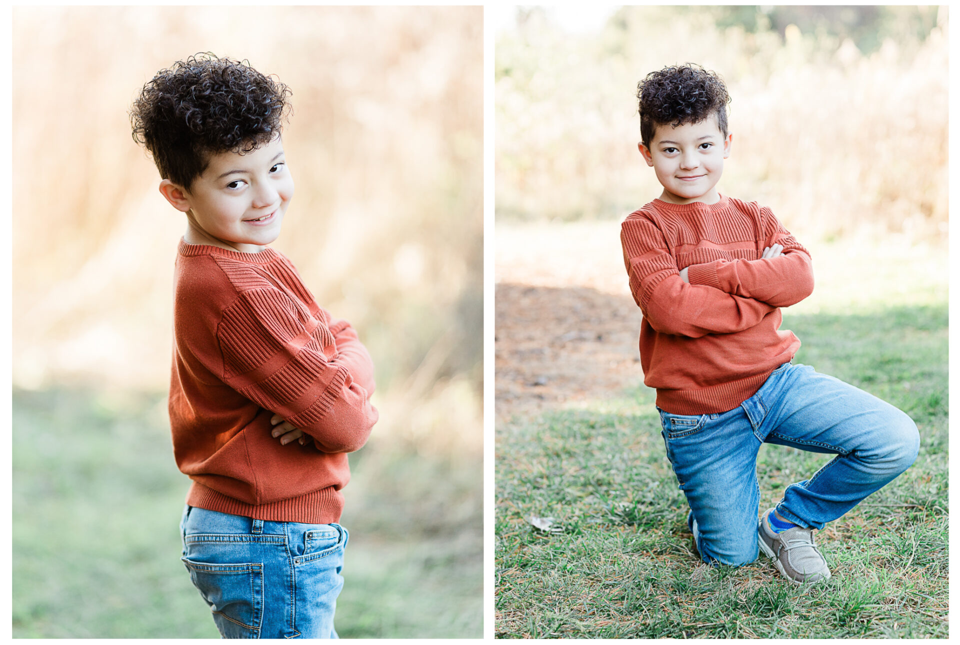 Side-by-side photos of a young boy with curly hair wearing a rust-colored sweater and blue jeans. He smiles with arms crossed, standing in one photo and kneeling on grass in the other.