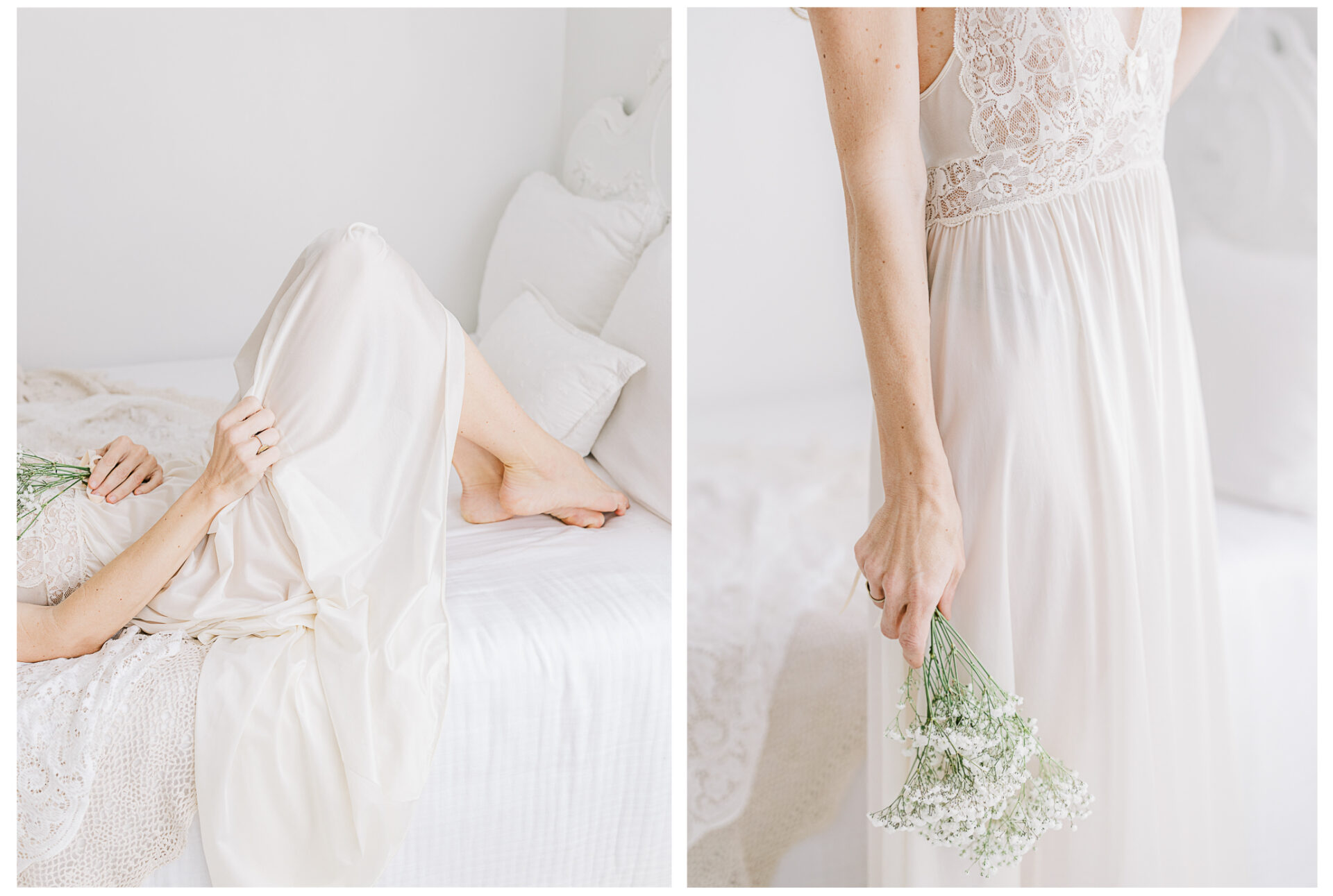 A woman in a silky white dress relaxes on a bed holding small white flowers. One photo shows her reclining, the other is a close-up of her hand holding the flowers by her side. The scene is bright and airy.