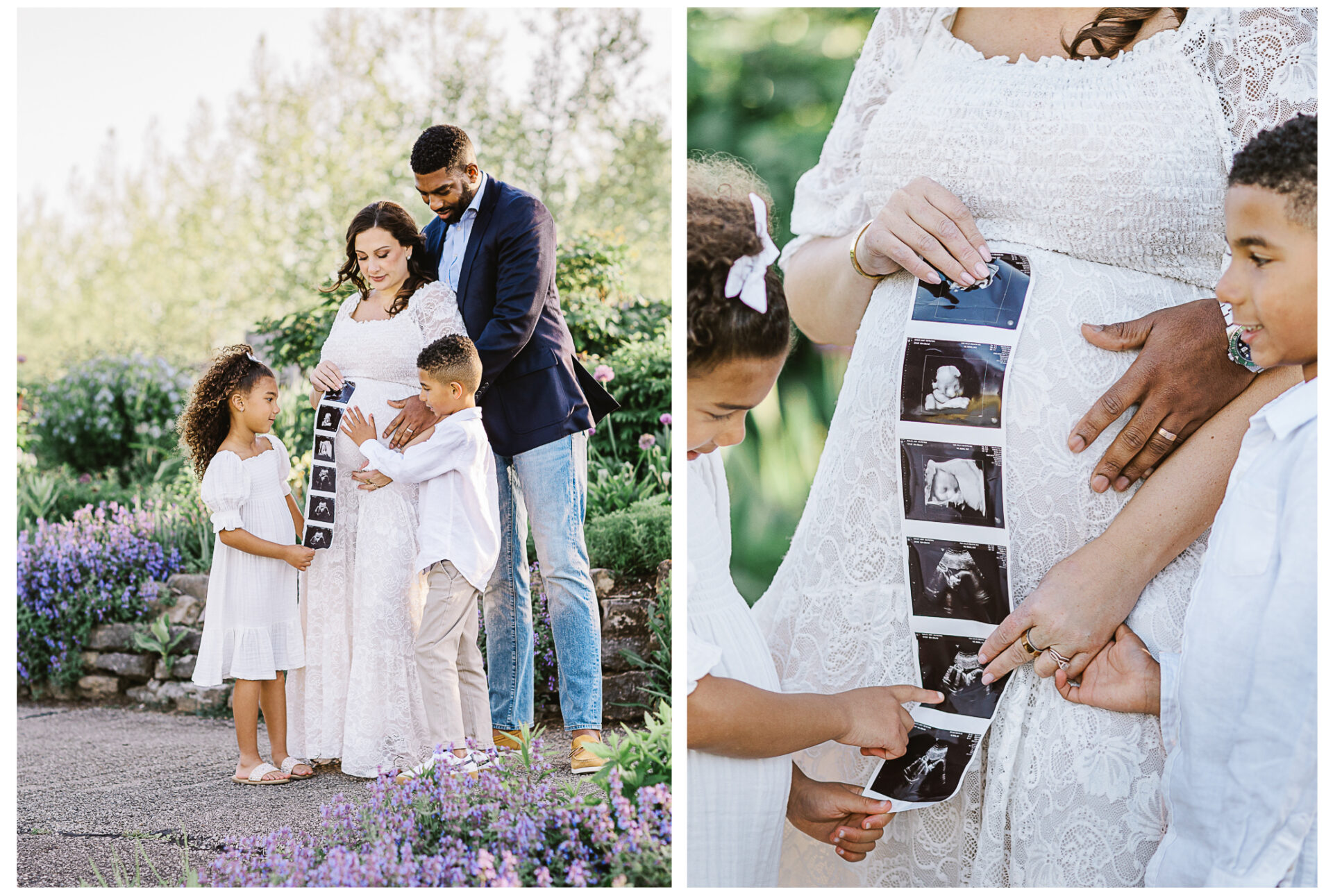 A family of four stands outdoors in a garden. The pregnant mother in a white dress holds ultrasound photos on her belly, while her husband and two children, also in white, lovingly look at the images and touch her belly.