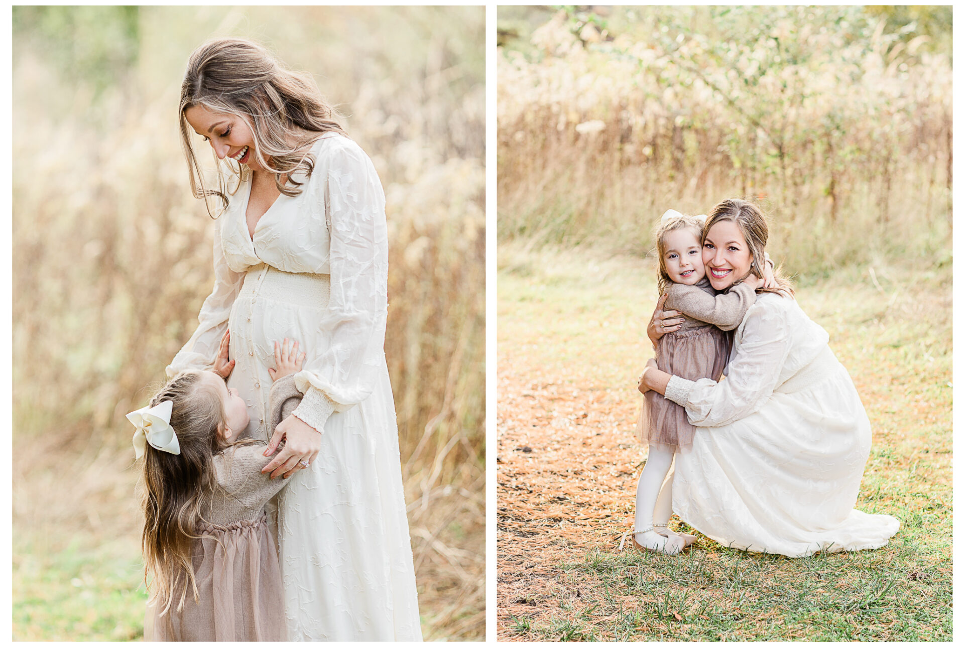A pregnant woman in a white dress smiles and embraces her young daughter outdoors. In one photo, the girl touches her mother's belly; in the other, they kneel and hug, both appearing joyful in a natural setting.