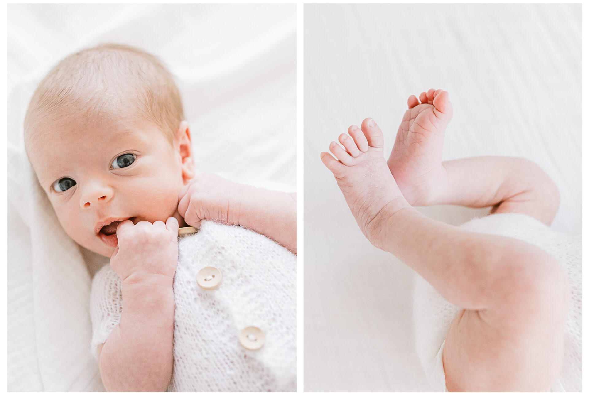 A split image: on the left, a baby in a white knit outfit with wooden buttons gazes up, fingers near their mouth; on the right, a close-up of the baby's crossed legs and tiny feet on a soft white surface.