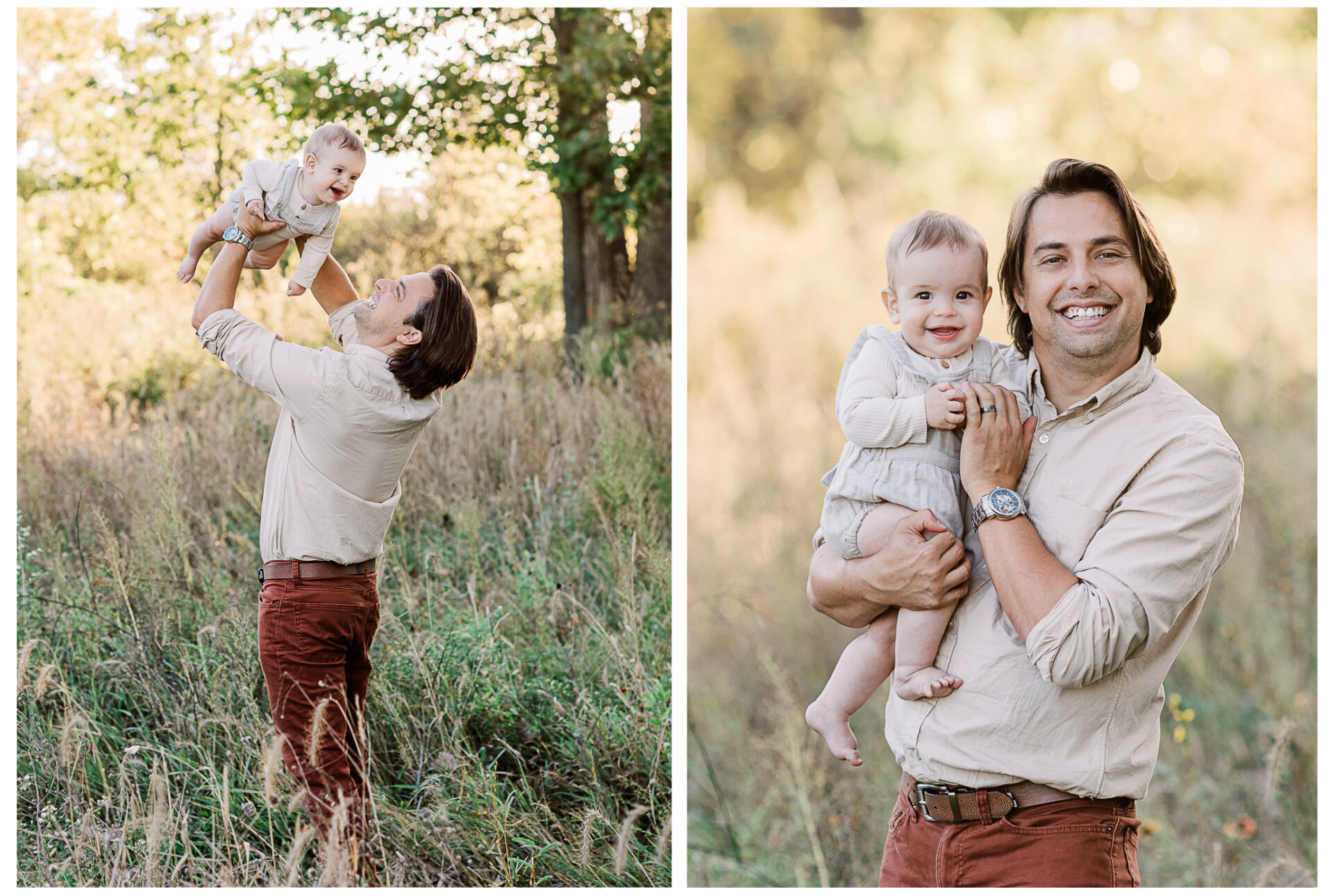 Two photos: On the left, a father with brown hair lifts his smiling baby boy into the air outdoors in a grassy fall field. On the right, he holds the baby, both smiling, with trees and sunlight in the background.