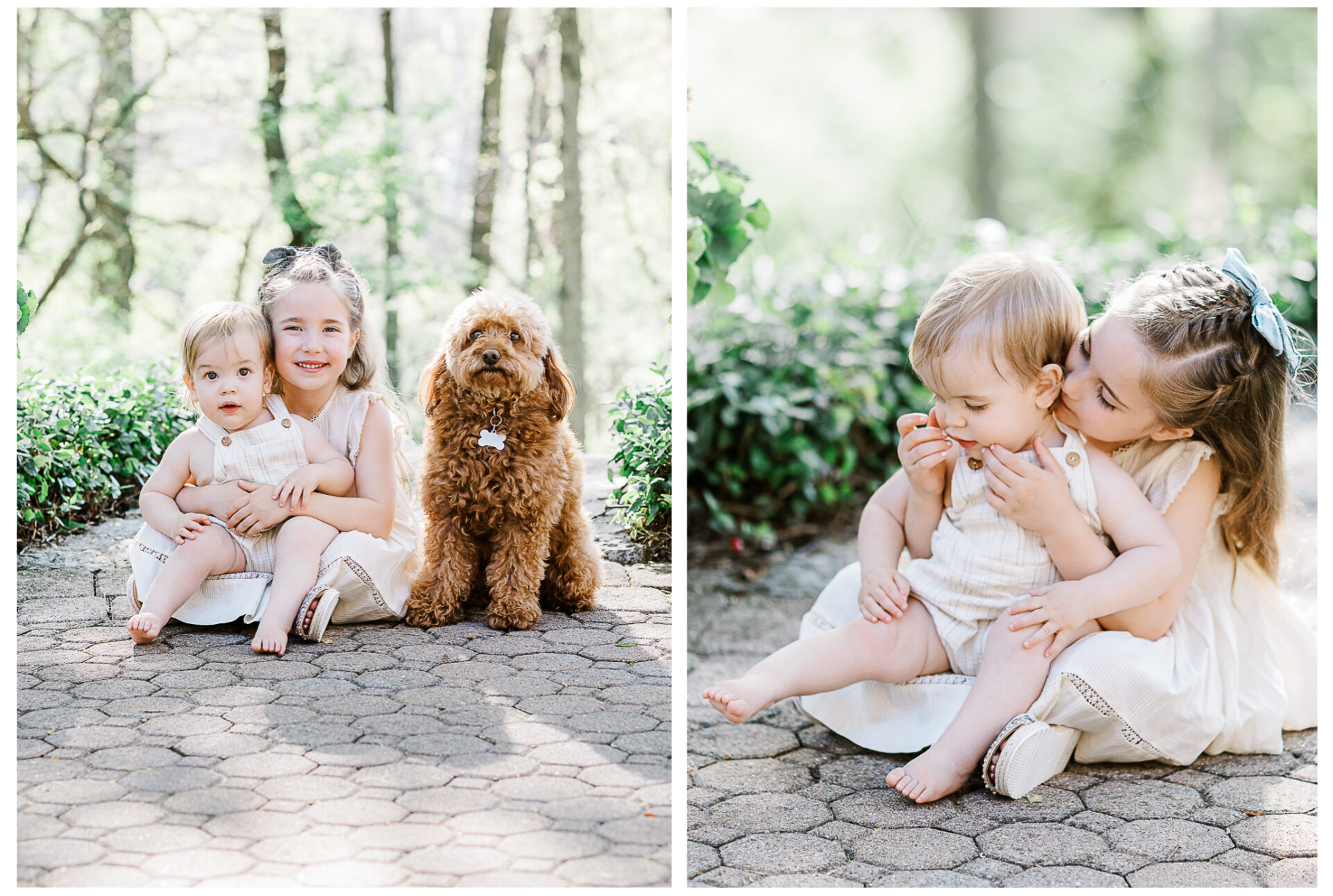 Two young siblings sit together on a sunlit stone path, accompanied by their small brown dog. In the second image, the older daughter hugs and kisses her younger brother, both appearing happy and relaxed outdoors.