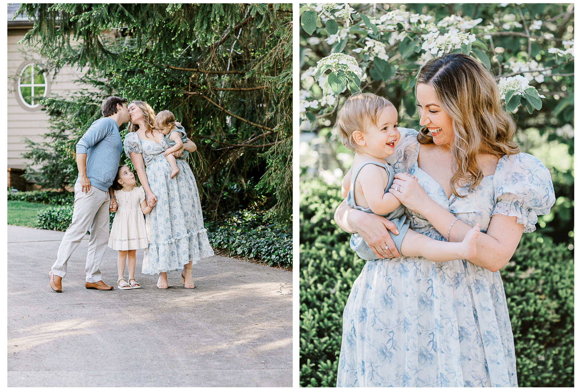 Left: A family of four stands together outdoors; the parents kiss while holding hands with their two young children. Right: A mother in a blue floral dress holds her smiling baby boy in a lush, green garden.