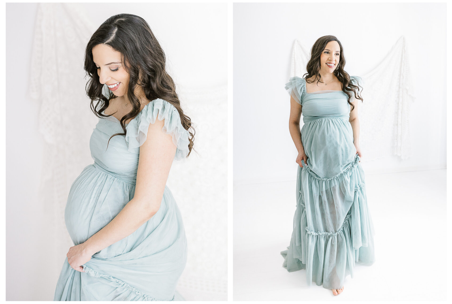 Two photos of a pregnant woman wearing a flowing light blue dress, smiling and gently holding her belly. She has long, wavy dark hair and stands in a bright, white room with delicate lace decor in the background.